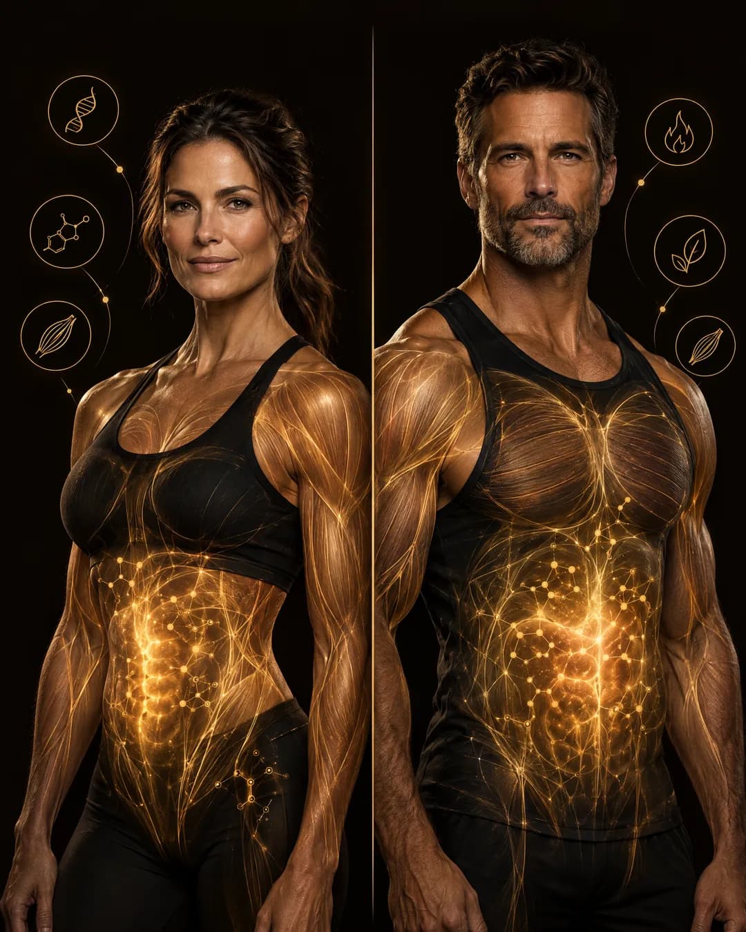 Una donna e un uomo affiancati, con una trama dorata che evidenzia muscoli e metabolismo